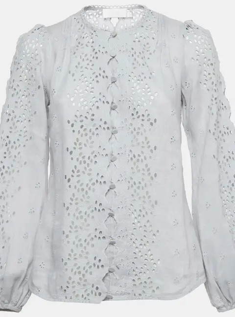 Zimmermann Light Blue Linen Iris Broderie Anglaise Long Sleeve Top S