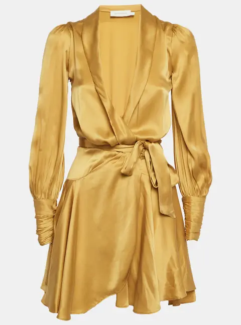 Zimmermann Gold Silk Wrap Ruffle Mini Dress S
