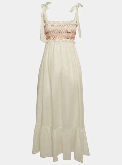 Zimmermann White Linen Shirring Detail Midi Dress S