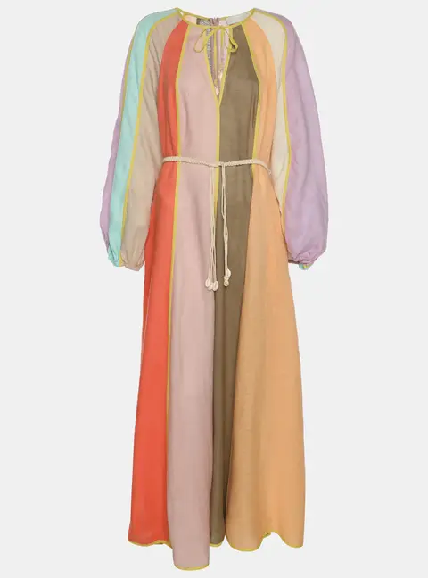 Zimmermann Multicolor Paneled Linen Belted Lola Maxi Dress L