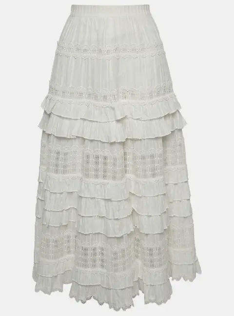 Zimmermann White Cotton Lace Ruffled Midi Skirt M