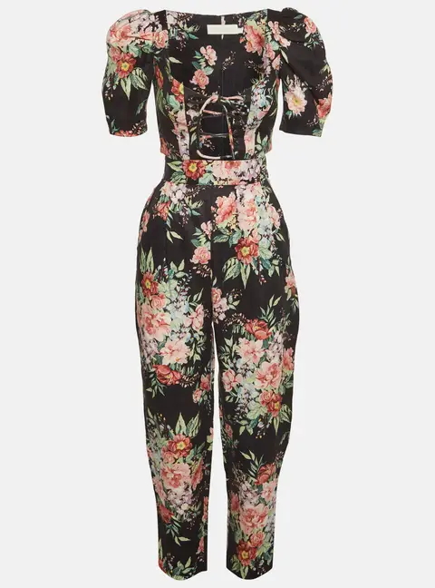Zimmermann Black Floral Print Linen Top and Pants Set XS/S