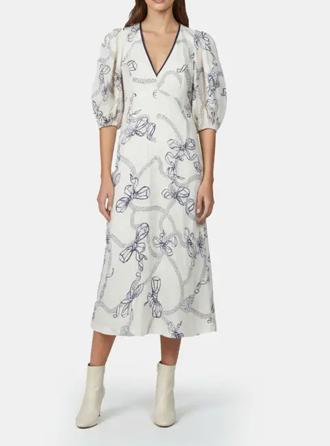 Zimmermann White Navy Bows Print Linen Midi Dress L