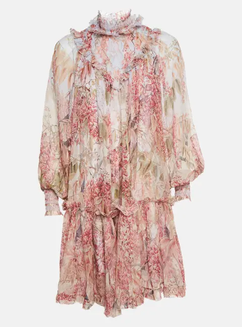Zimmermann Multicolor Botanica Print Chiffon Smocked Mini Dress L