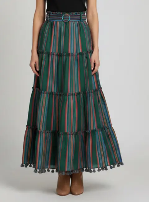 Zimmermann Green Multicolor Stripe Cotton Ruffled Maxi Skirt S
