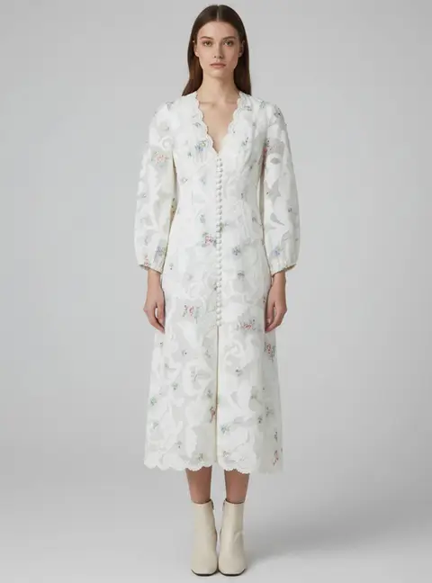 Zimmermann White Floral Embroidered Ramie Blend Maxi Dress M