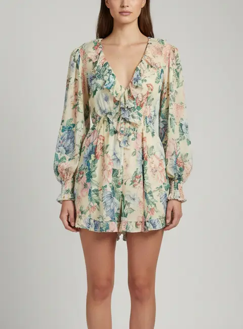 Zimmermann Cream Floral Print Chiffon Ruffled Playsuit M