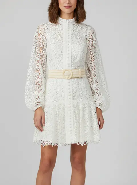 Zimmermann White Guipure Lace Belted Mini Dress M
