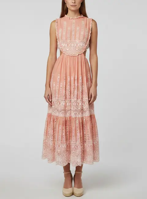 Zimmermann Pink Broderie Anglaise Cotton Cut Out Midi Dress M