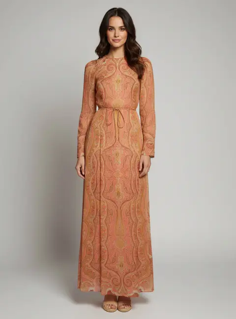 Zimmermann Orange Paisley Print Crepe Long Sleeve Maxi Dress S