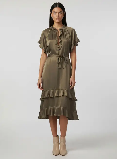 Zimmermann Olive Green Satin Flutter Smock Midi Dress S