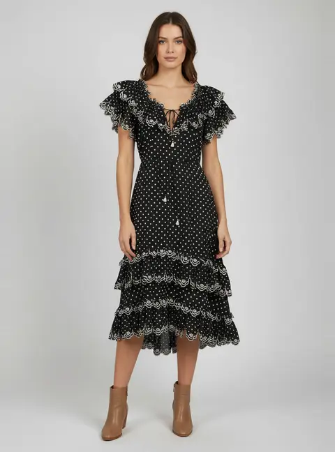 Zimmermann Black Polka Dot Embroidered Linen Tiered Midi Dress M