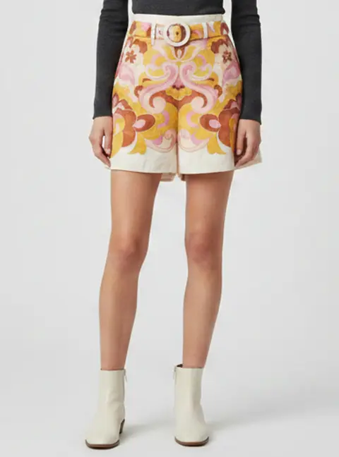 Zimmermann Pink Paisley Print Linen Belted Acadian Shorts L