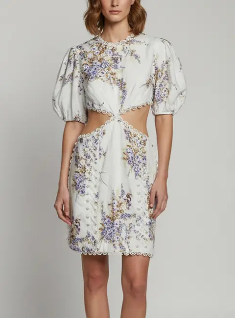 Zimmermann White Floral Print Linen Jude Cutout Mini Dress L