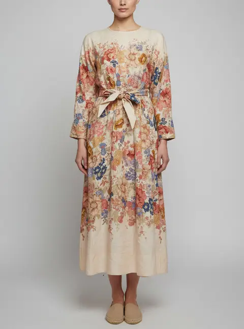 Zimmermann Cream Floral Print Linen August Tie Midi Dress L