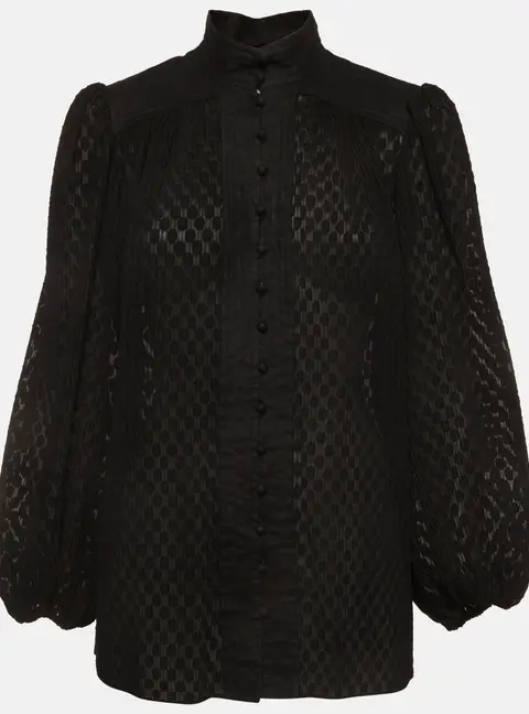 Zimmermann Black Plisse and Linen Puff Sleeve Blouse M
