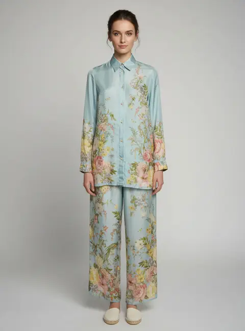 Zimmermann Blue Floral Print Silk Waverly Relaxed Shirt and Pants Set M
