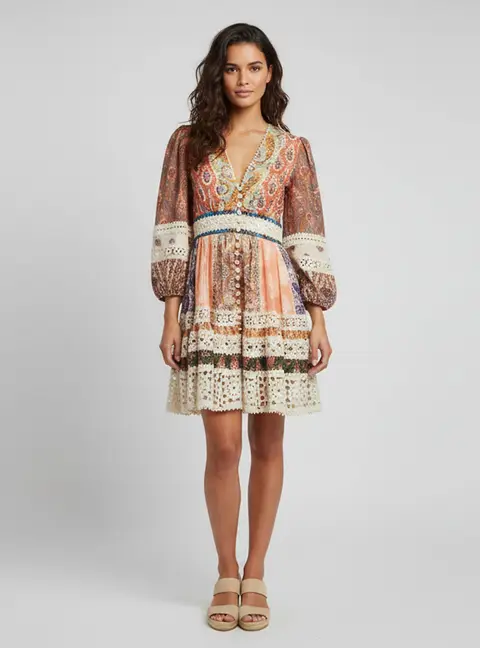 Zimmermann Multicolor Paisley Print Linen Devi Spliced Billow Mini Dress L