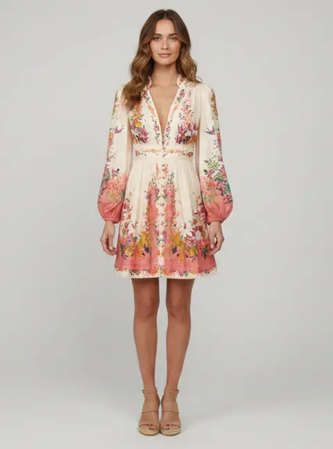 Zimmermann Multicolour Floral Print Linen Tropicana Plunge Mini Dress S