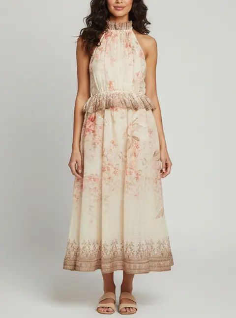 Zimmermann Beige Floral Print Linen Blend Illuminate Halter Midi Dress M