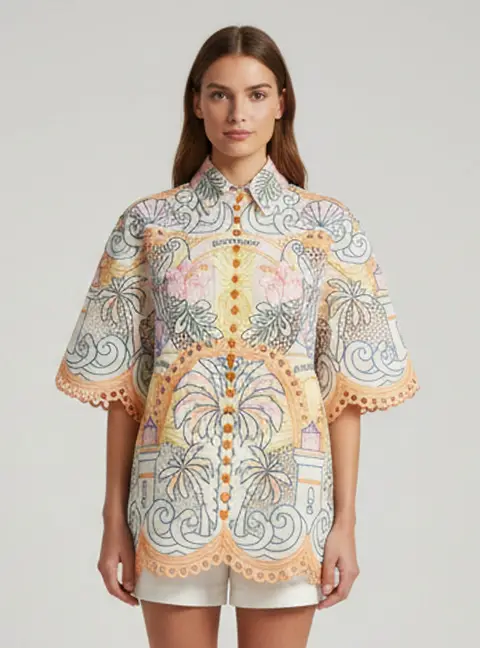 Zimmermann Multicolor Linen Ginger Tropical Embroidered Shirt M