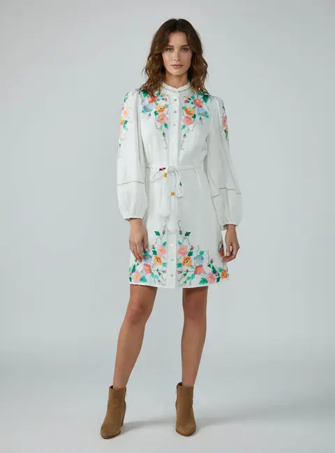 Zimmermann White Embroidered Linen Belted Mini Dress L
