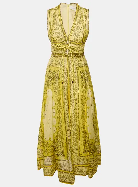 Zimmermann Yellow Paisley Print Linen Blend Matchmaker Bow Maxi Dress M