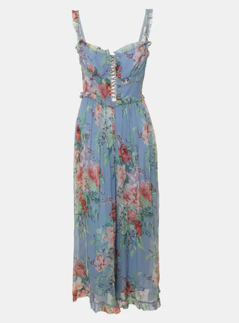 Zimmermann Blue Multicolor Floral Printed Chiffon Bellitude Corset Jumpsuit M