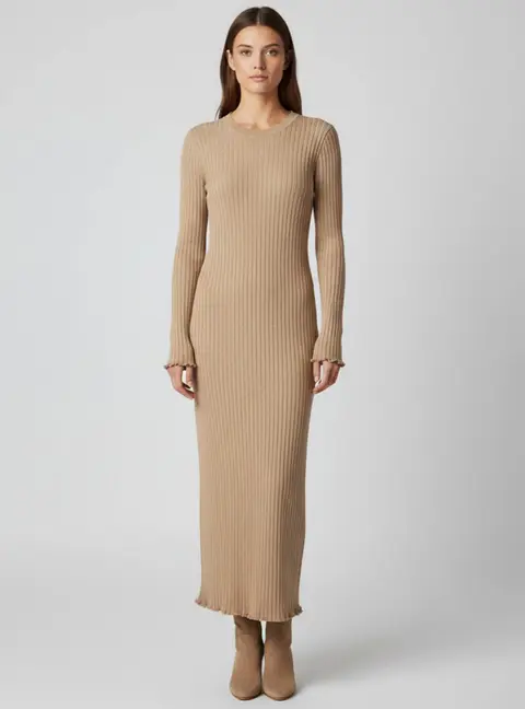 Zoe by sister's Beige Rib Knit Terry Ruffle Hem Adriana Dress One Size