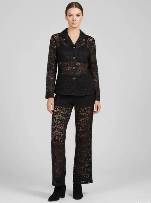 Zoe by Sisters Black Floral Lace Giselle Shirt and Pants Set S/M