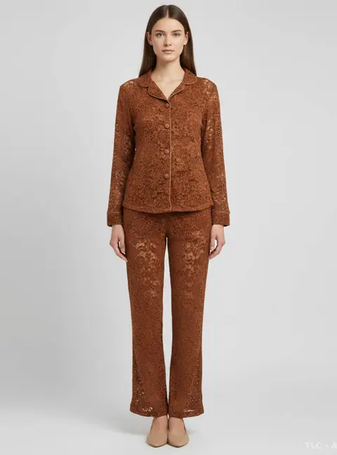 Zoe by Sisters Brown Floral Lace Giselle Shirt and Pants Set S/M