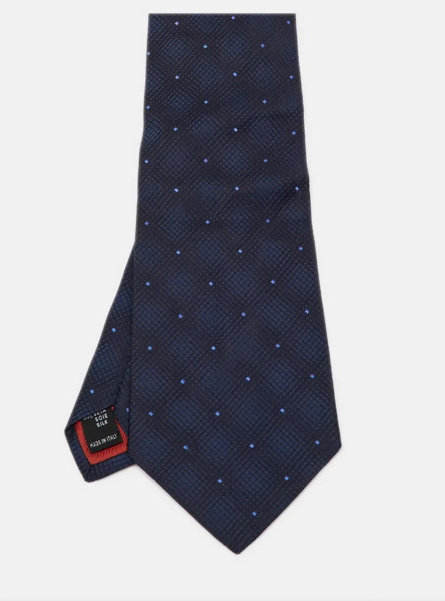 S.T. Dupont Navy Blue Geometric Patterned Silk Jacquard Traditional Tie