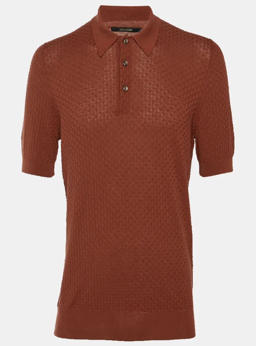 Tagliatore Brick Brown Textured Knit Polo T-Shirt L