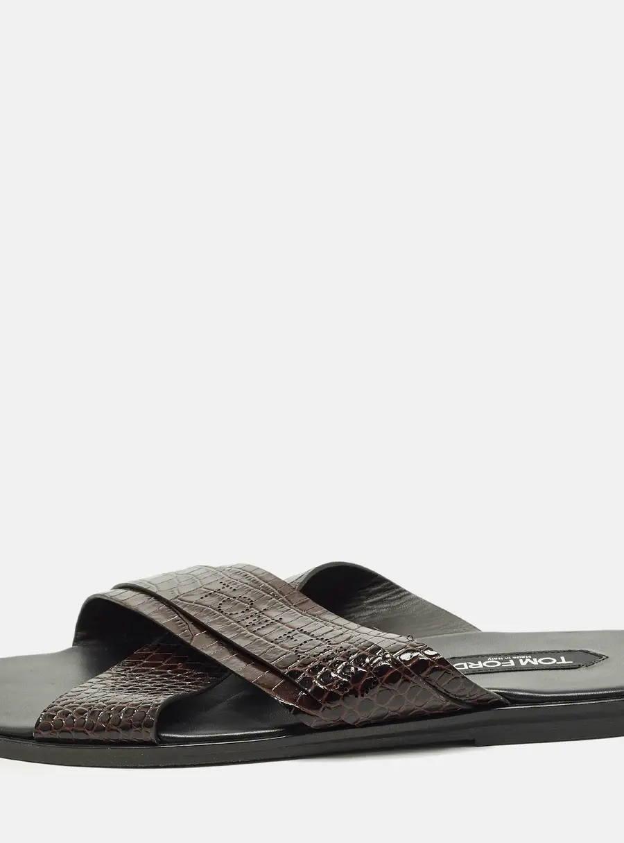 Tom Ford Informal Preston Size 44 Brown Croc Embossed Leather Flat Sandals