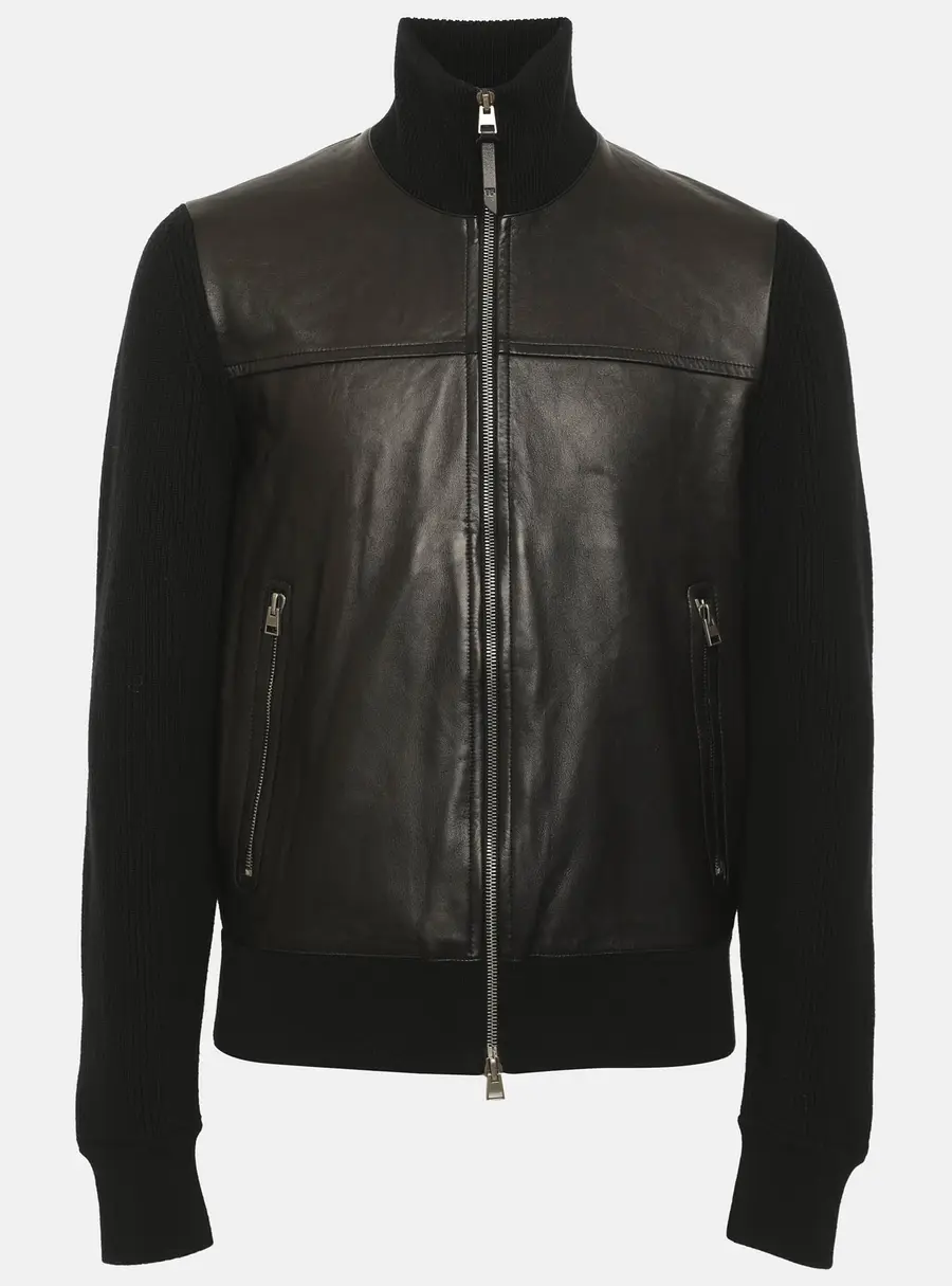 Tom Ford Black Leather and Rib Knit Jacket S