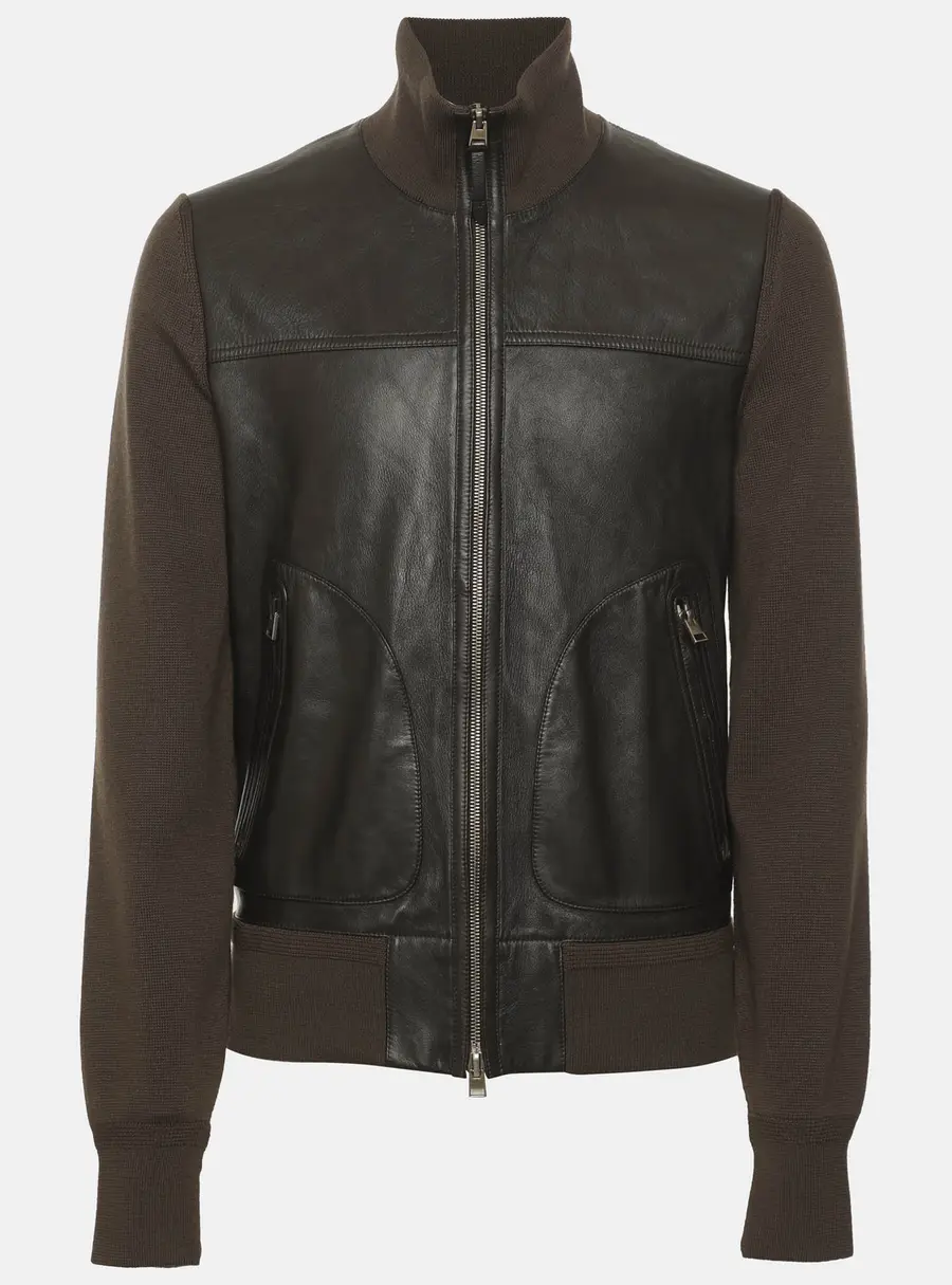 Tom Ford Brown/Grey Leather and Knit  Jacket S