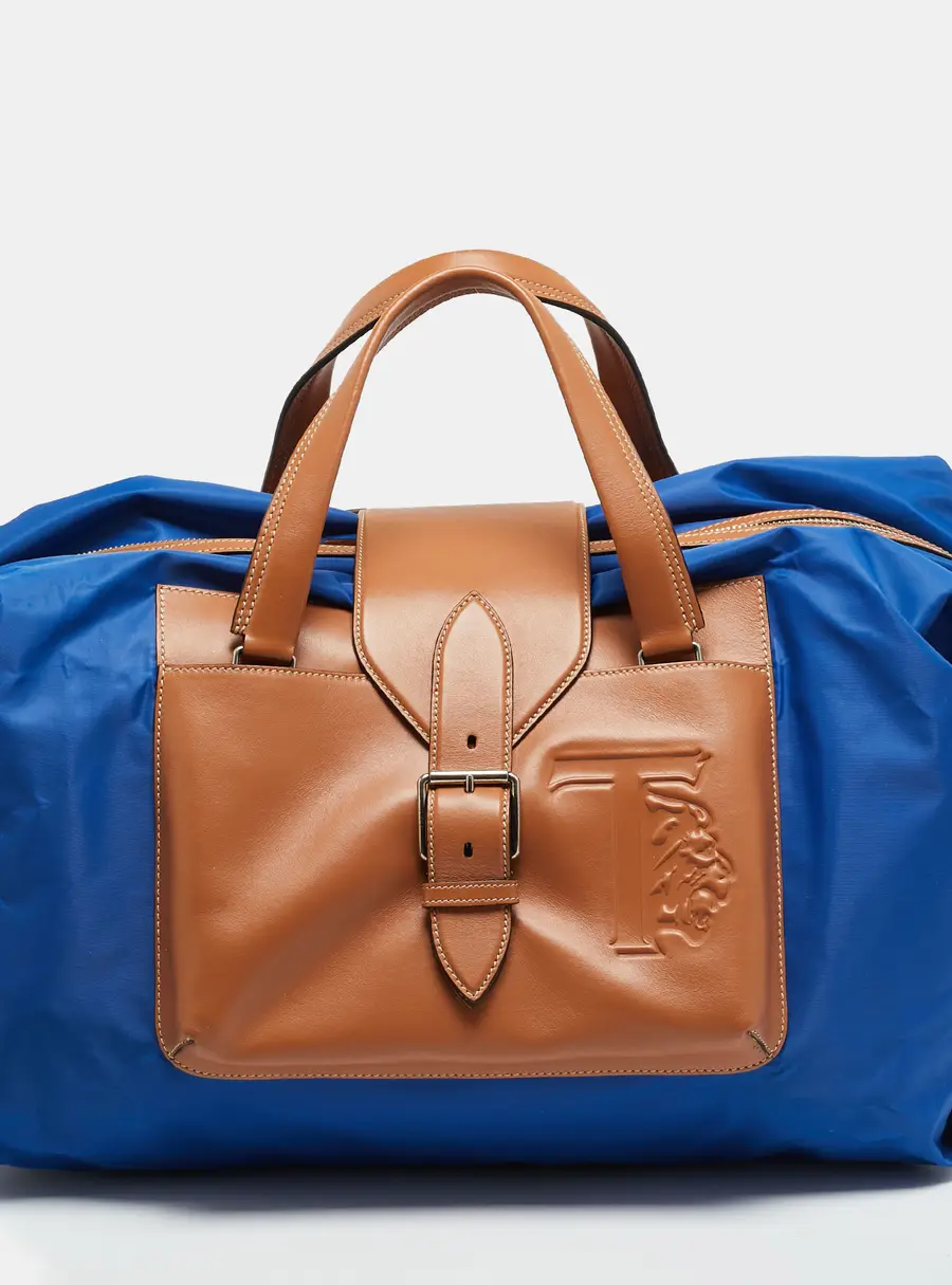 Tod's Blue/Brown Nylon and Leather Medium Duffle Bag