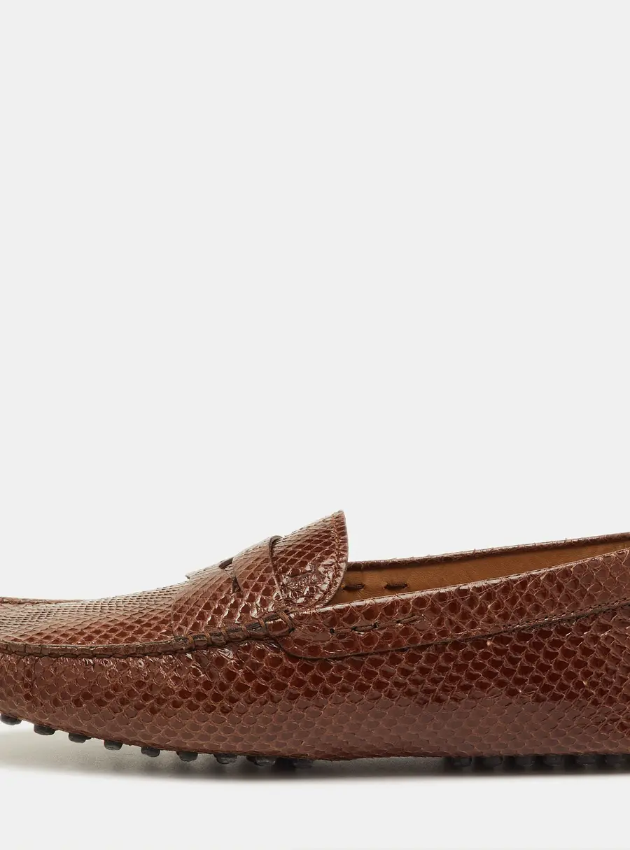 Tod's City Gommino Size 40 Brown Snakeskin Leather Slip On Loafers