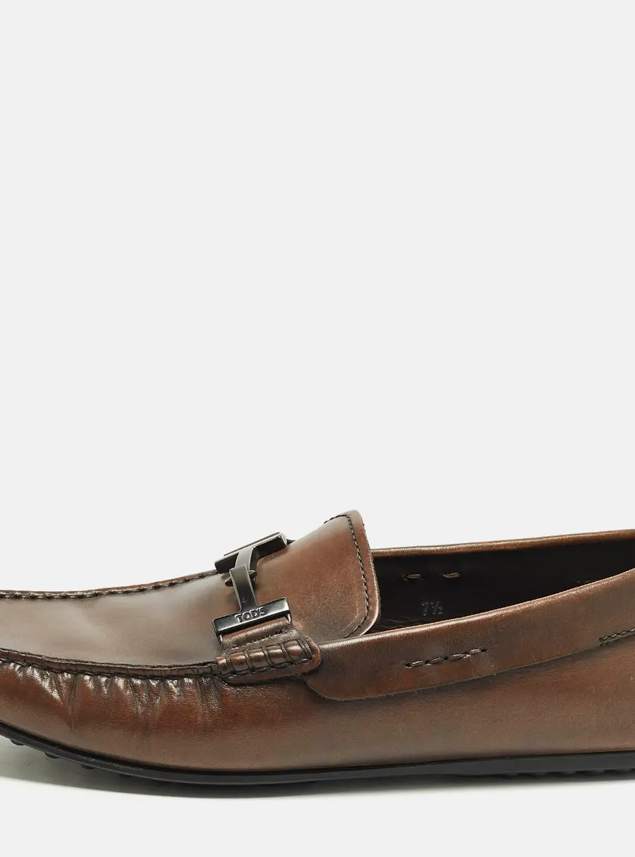 Tod's Doppia Size 41.5 Dark Brown Leather Double T Slip On Loafers