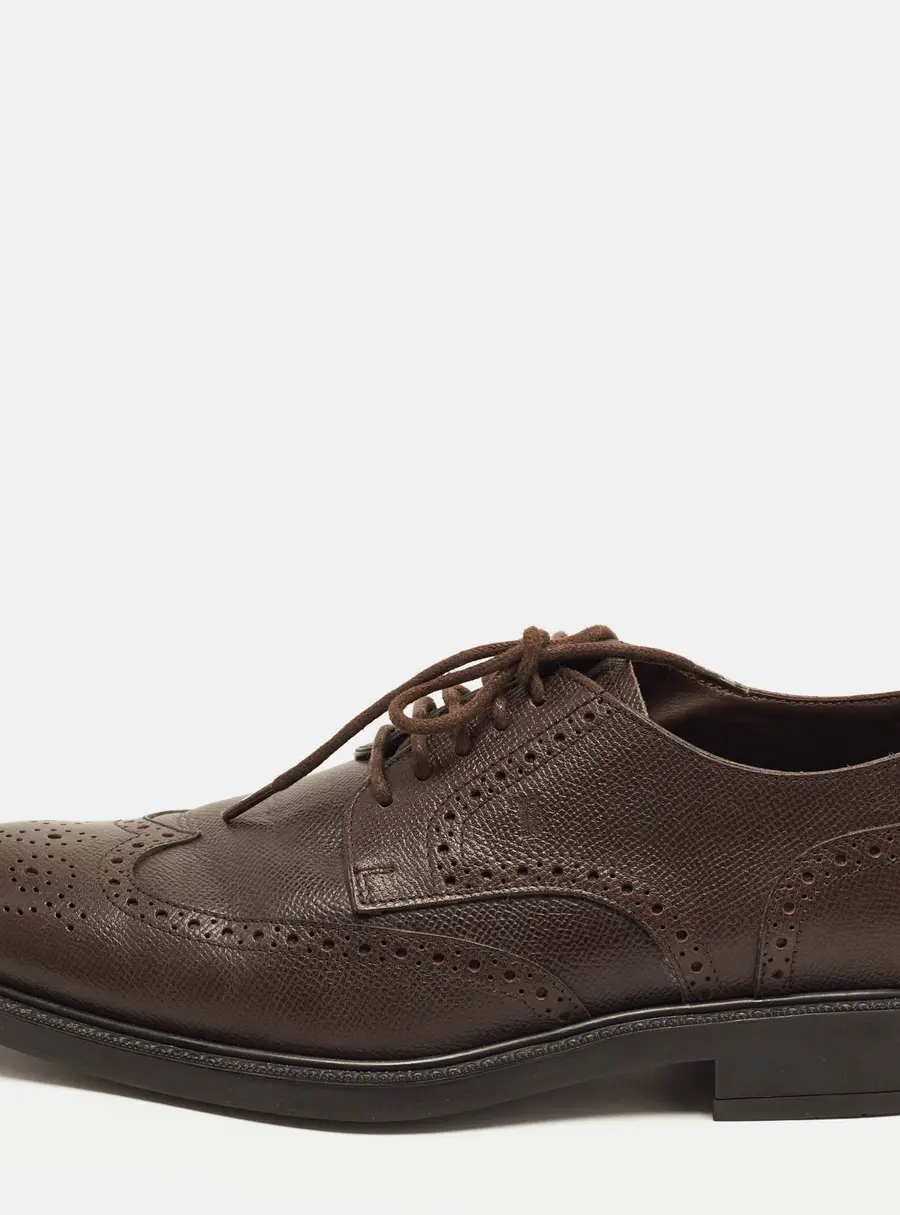 Tod's Size 40 Dark Brown Brogue Grained Leather Lace Up Derby