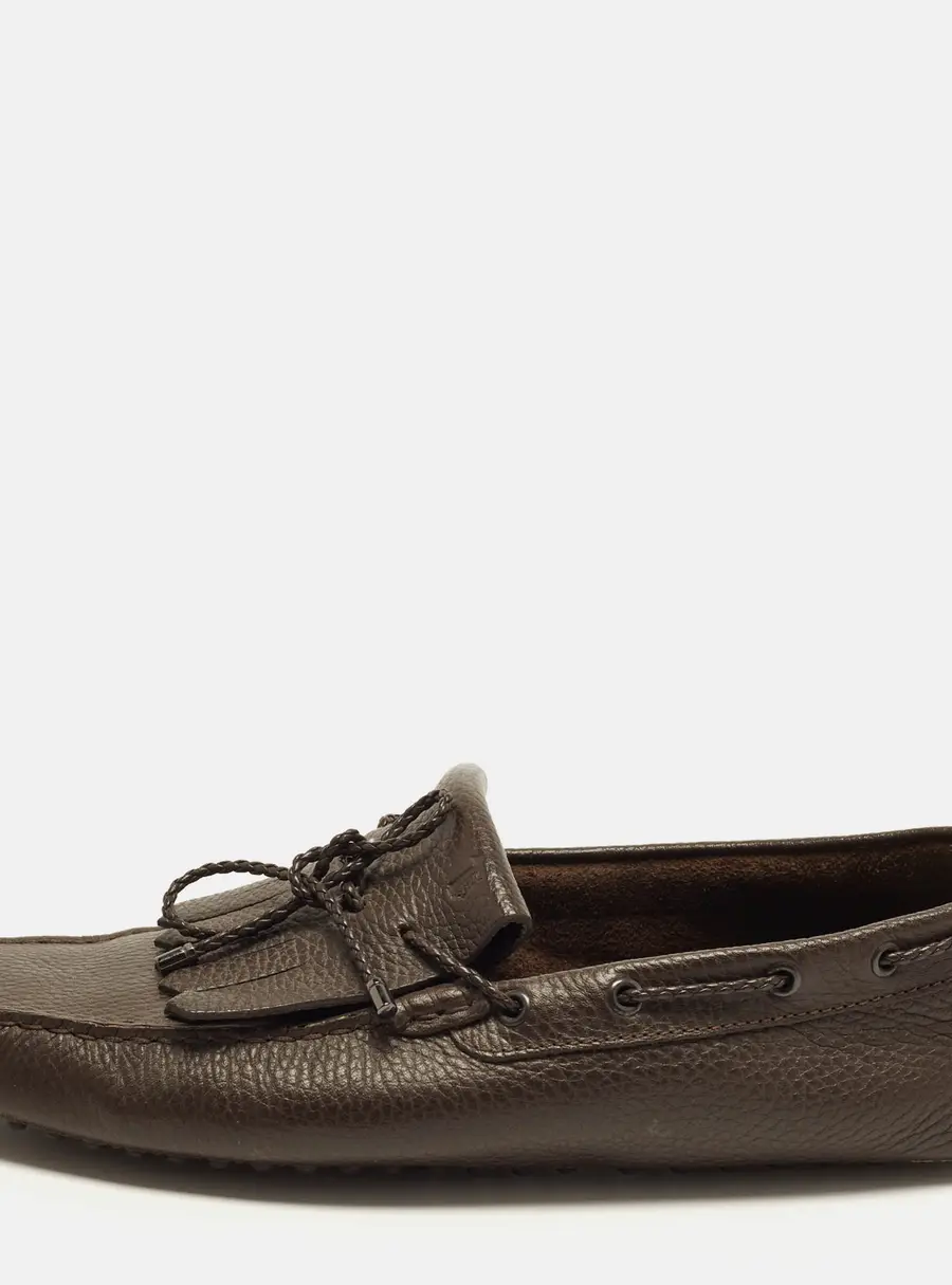 Tod's Kiltie Size 43 Dark Brown Leather Bow Fringe Loafers
