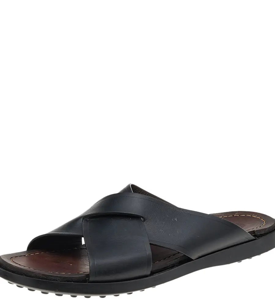Tod's Black Leather Criss Cross Flat Slides Size 43