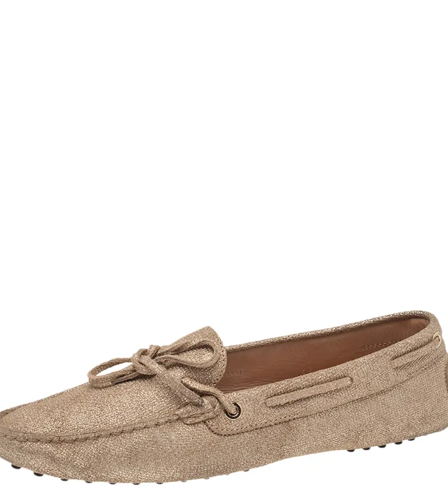 Tod's Metallic Gold Canvas Bow Loafers Size 42