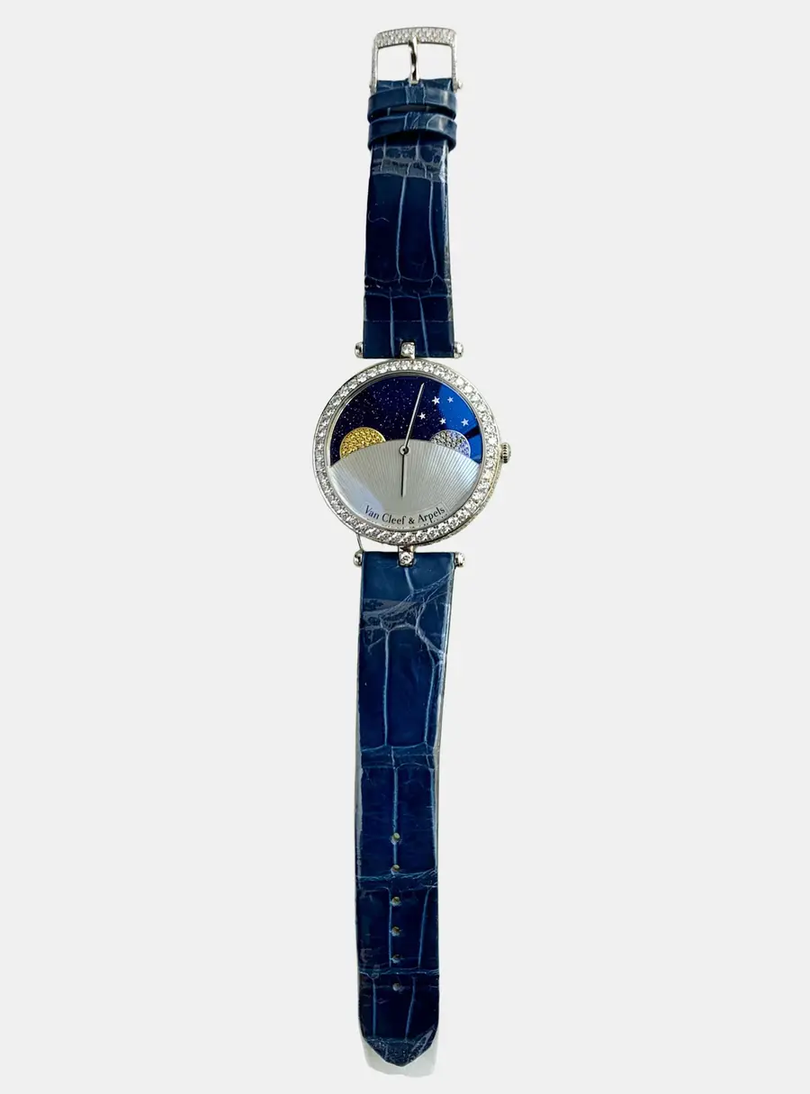 Van Cleef & Arpels Poetic Complications Lady Arpels Jour Nuit VCARN25800 Automatic Blue Dial 18K White Gold Diamond Women's Wristwatch 38mm