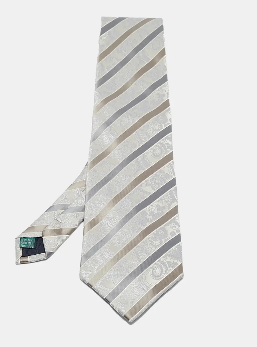 Valentino Vintage Grey Striped Paisley Pattern Jacquard Silk Tie