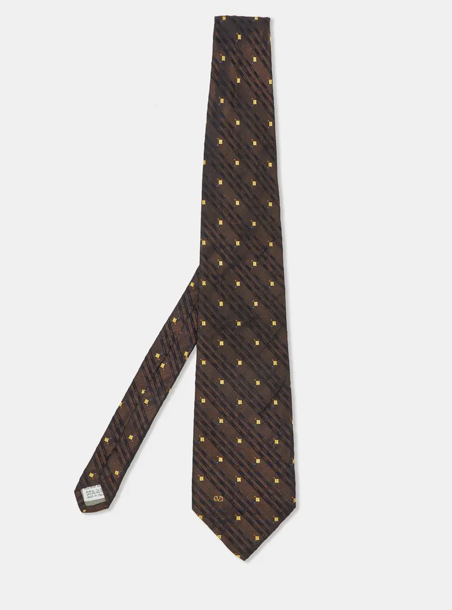 Valentino Vintage Brown Diagonal Stripe Pattern Silk Tie