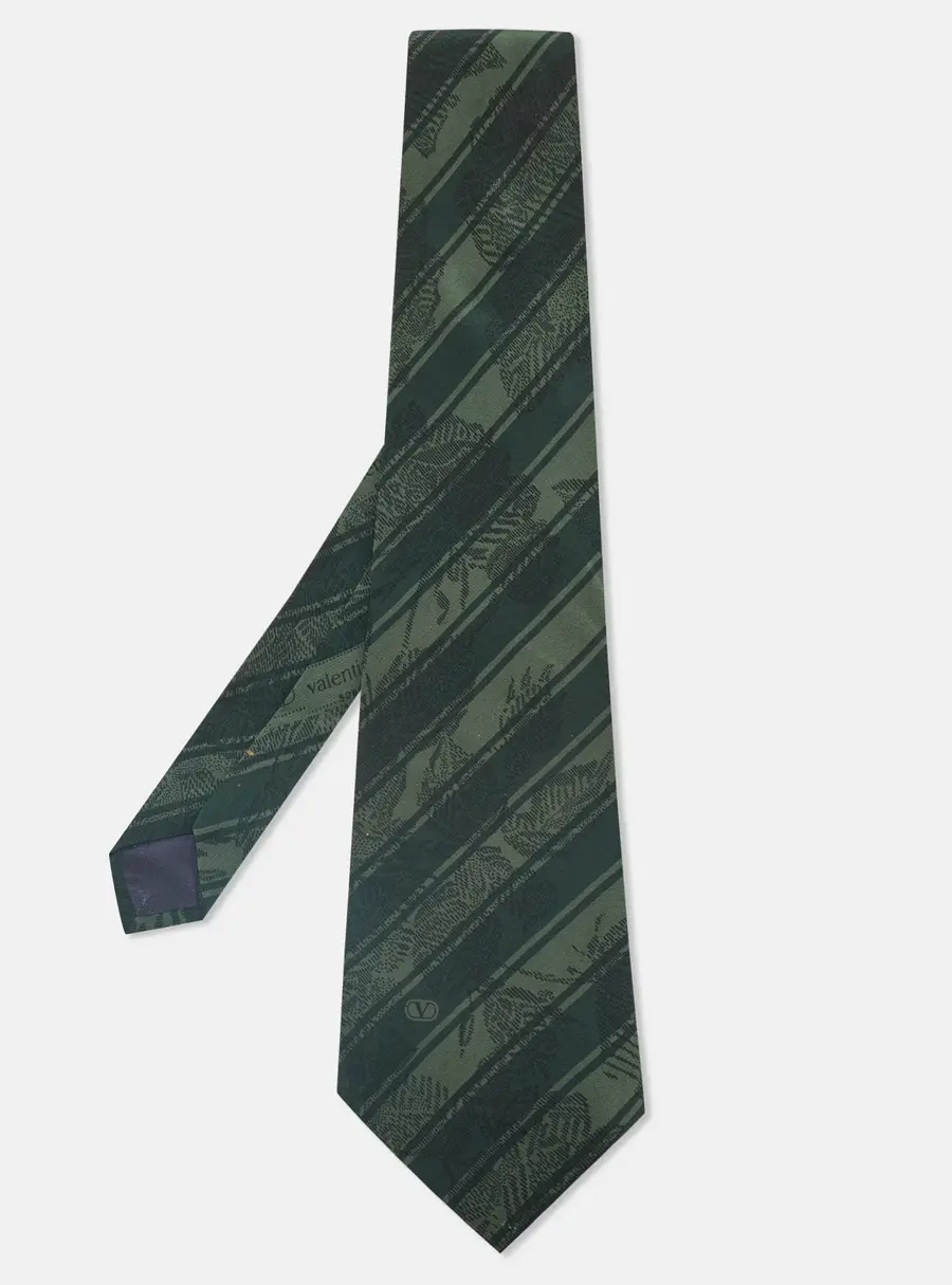 Valentino Vintage Green Printed Silk Traditional Tie