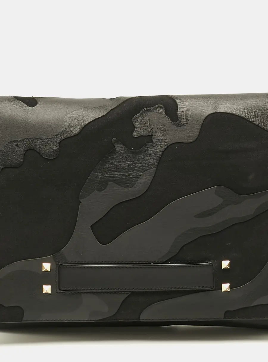 Valentino Rockstud Black/Grey Camouflage Canvas and Leather Clutch