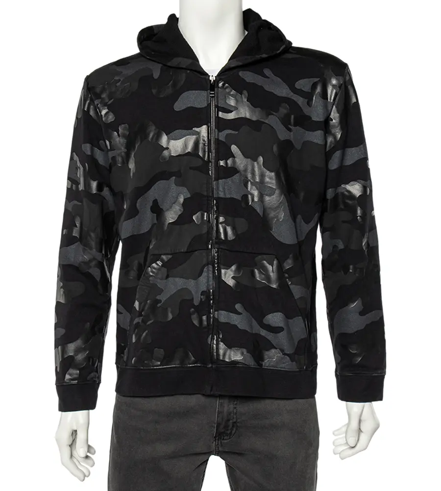 Valentino Black Camouflage Print Cotton Zip Up Hooded Sweatshirt L
