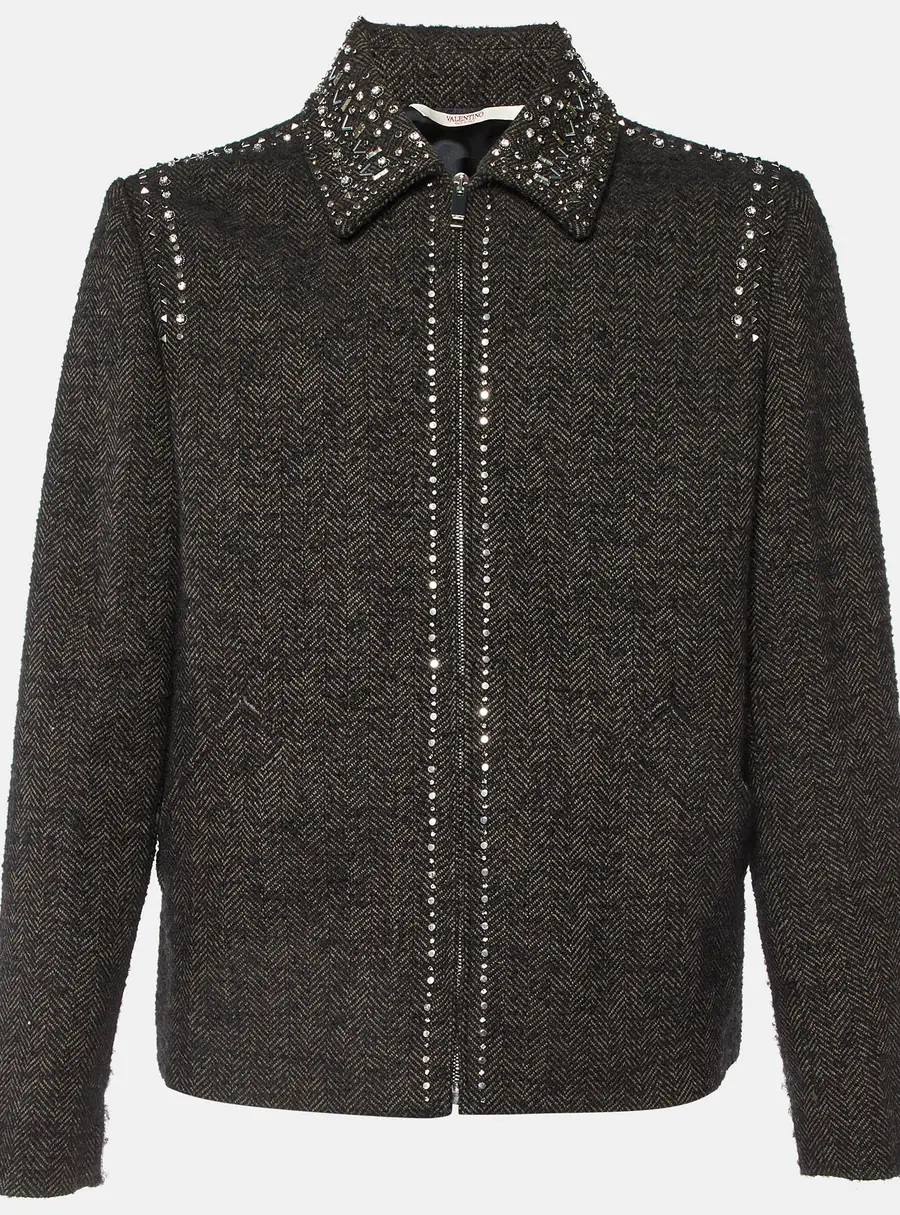 Valentino Brown Studded Wool Tweed Zip-Up Jacket L